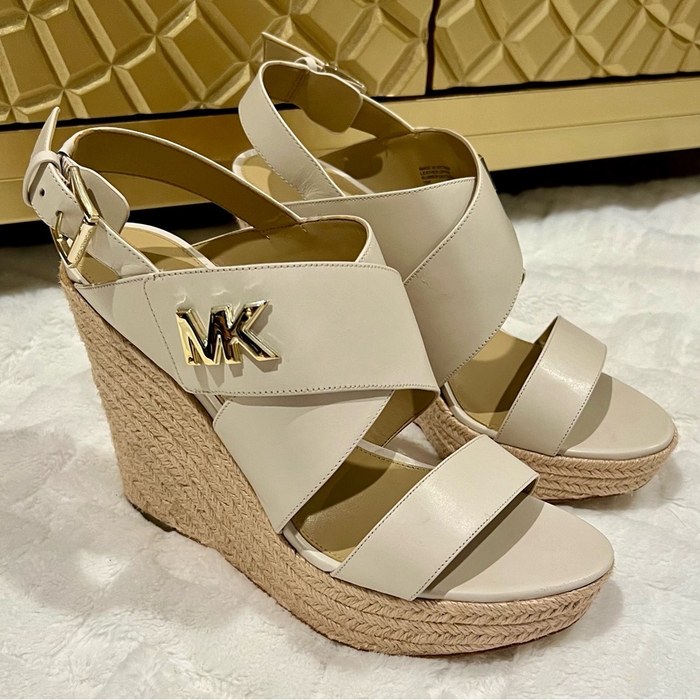 Michael Kors Ivory Wedge Sandals with Espadrille Heel